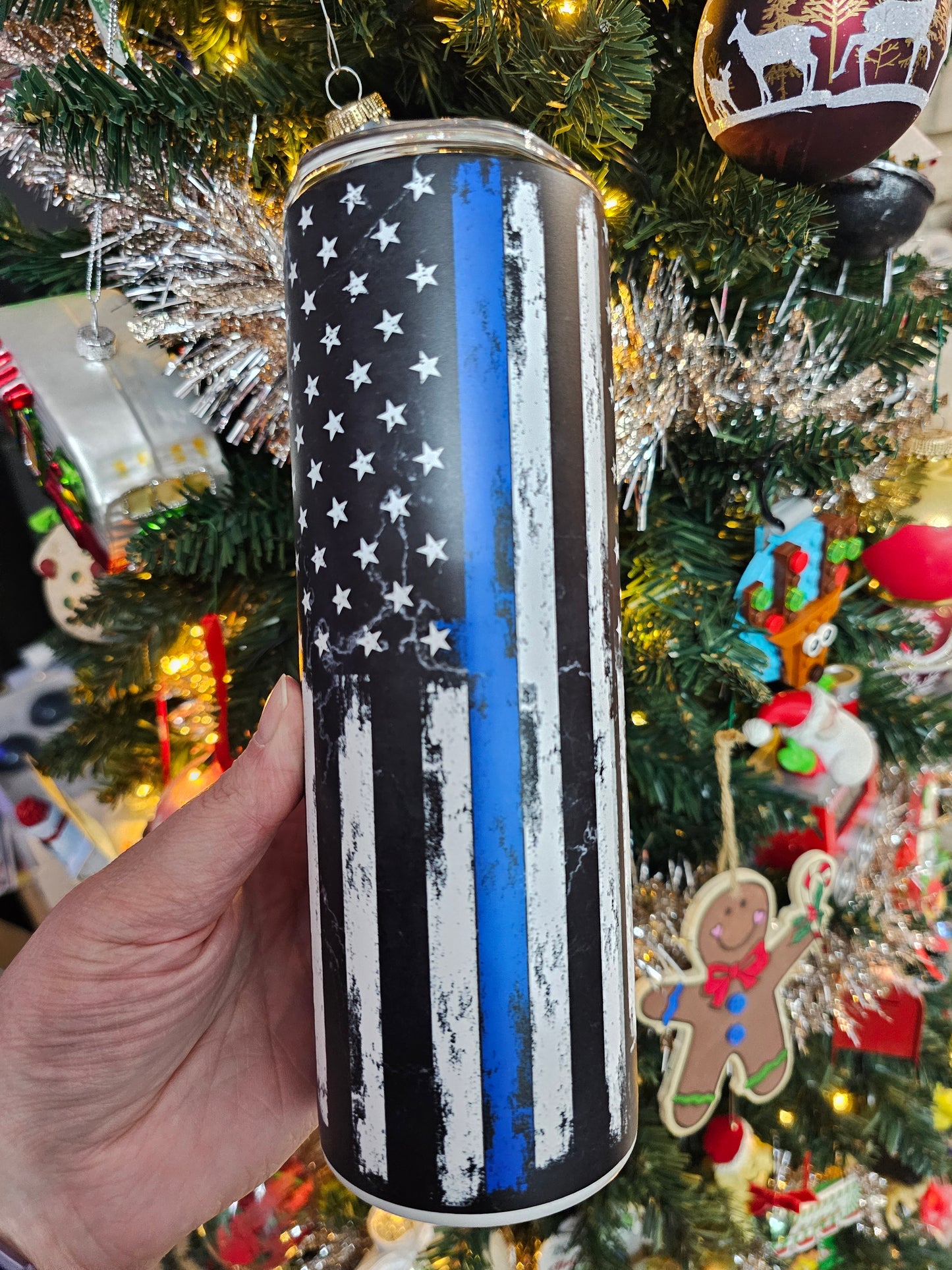 20 oz Police Thin Blue Line American Flag Glow-in-the-Dark Blue Sublimation Tumbler
