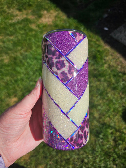 15 oz Purple Glitter Leopard Print Herringbone Epoxy Tumbler