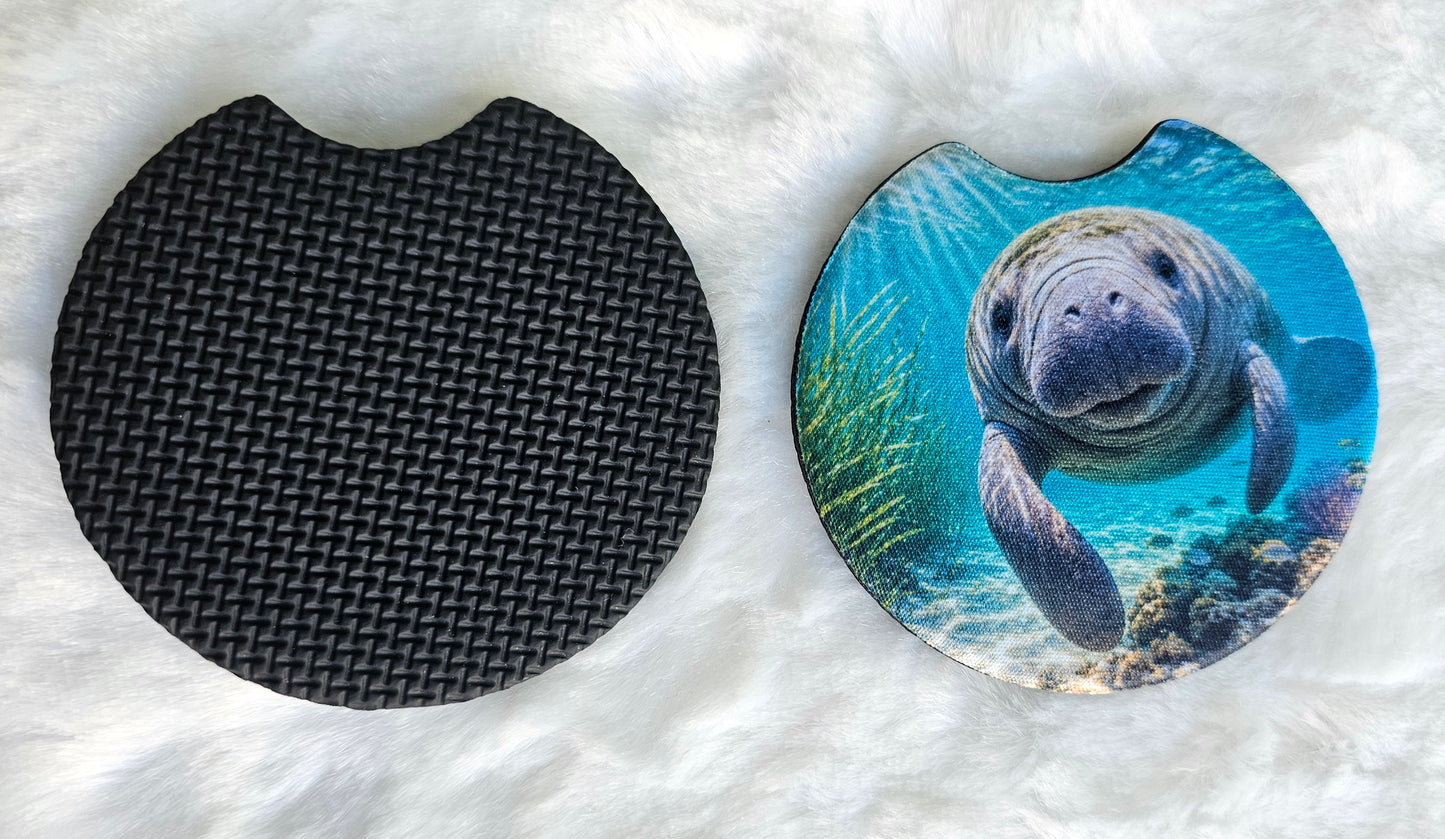 Manatee Underwater Marine Life 2 Pack Neoprene Car Coaster Set
