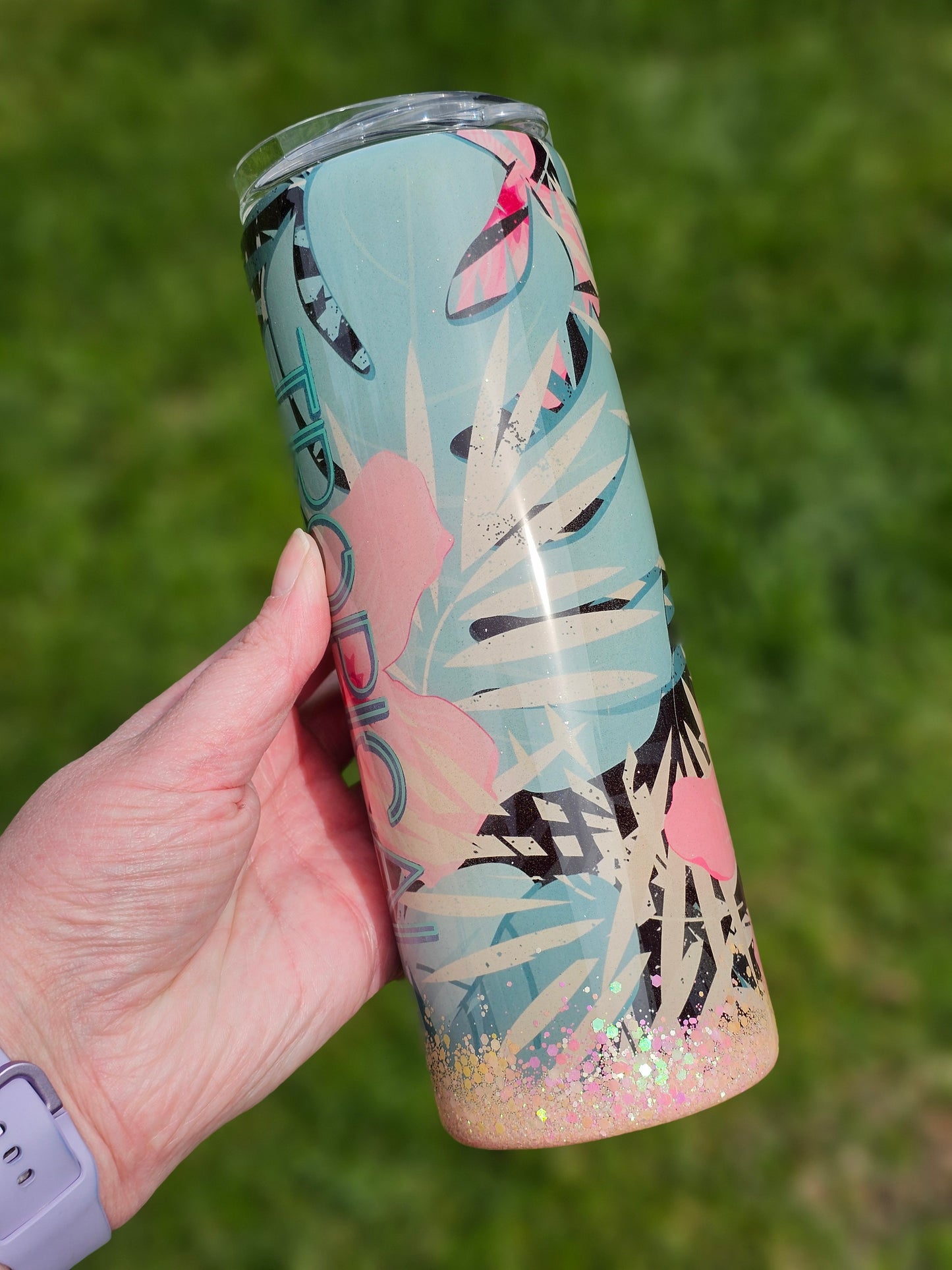 20 oz Hibiscus Tropical State Of Mind Pink Glitter Epoxy Tumbler