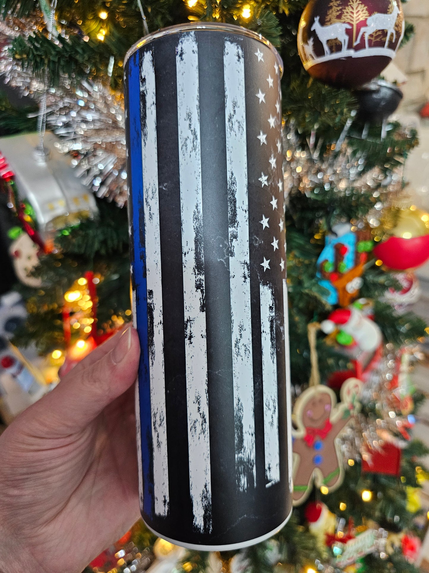 20 oz Police Thin Blue Line American Flag Glow-in-the-Dark Blue Sublimation Tumbler