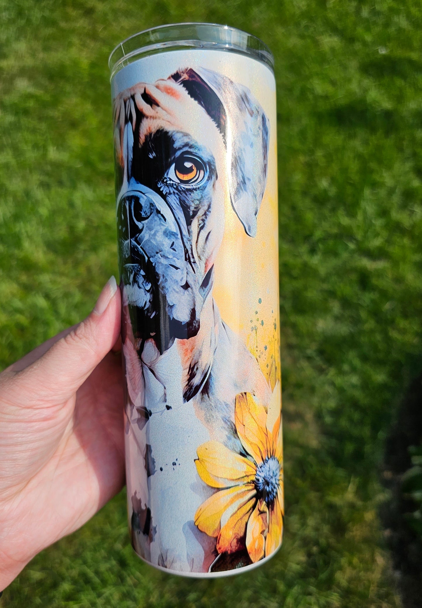 20 oz Holographic Boxer Dog Flowers Sublimation Tumbler - Imperfect