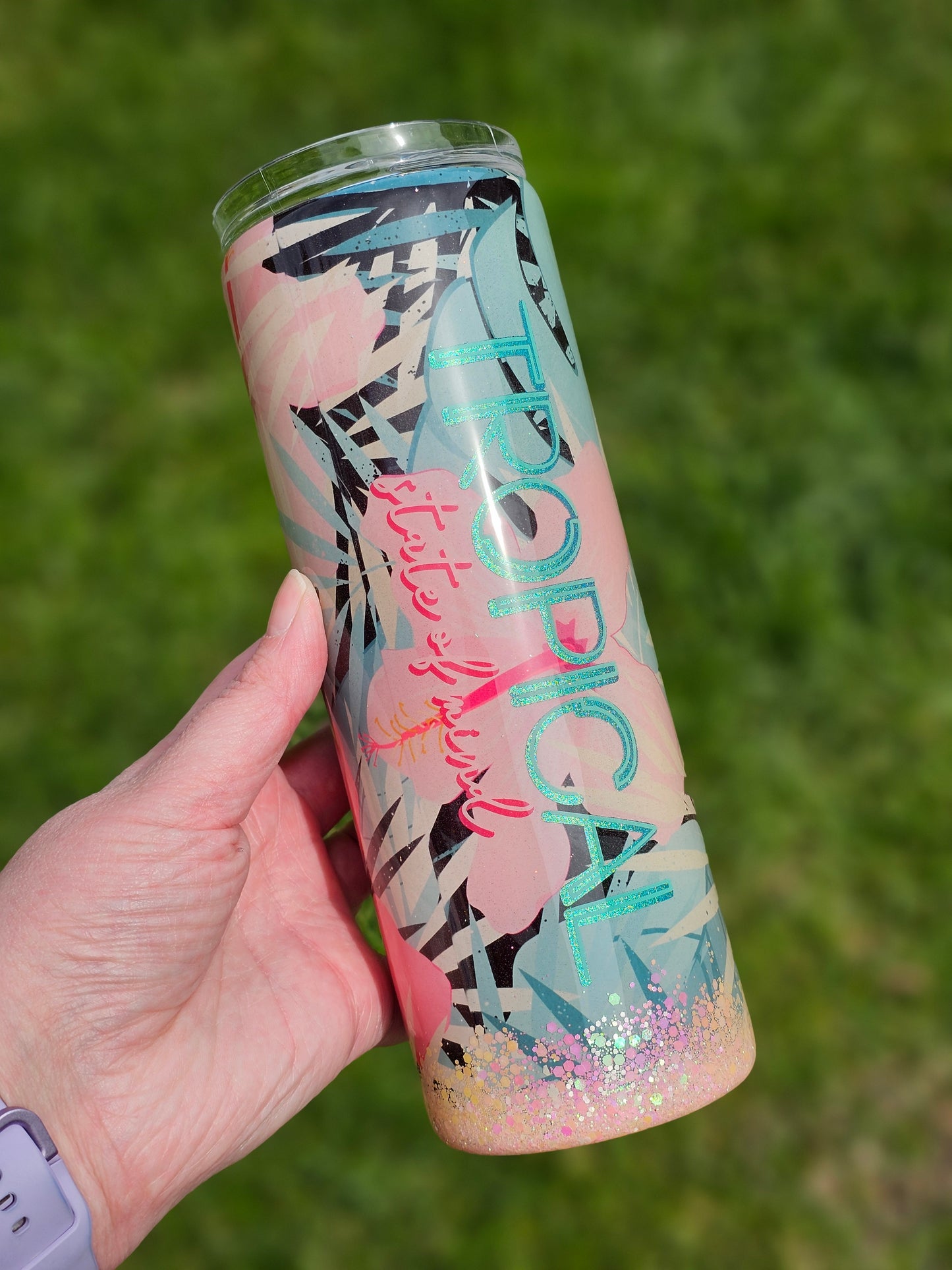 20 oz Hibiscus Tropical State Of Mind Pink Glitter Epoxy Tumbler