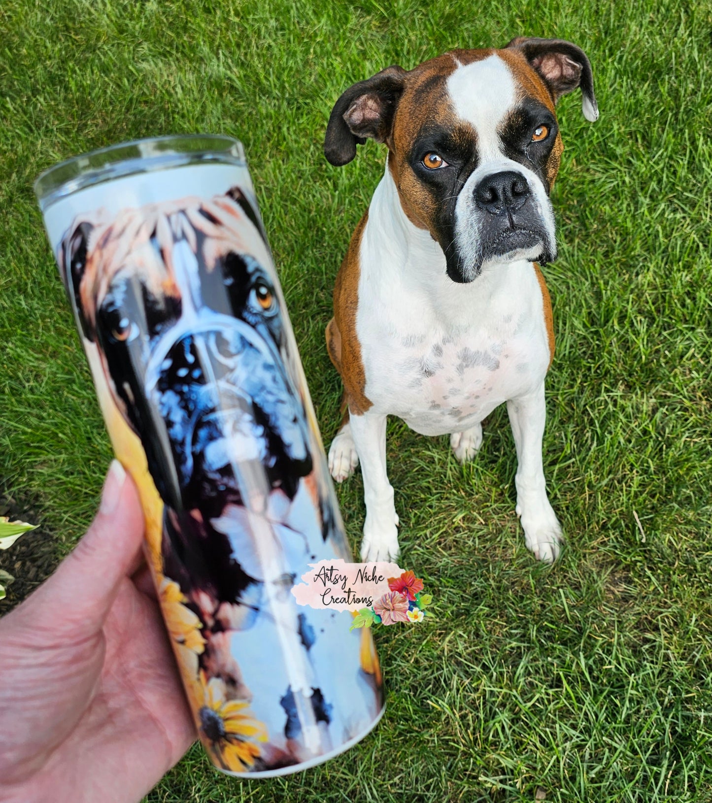 20 oz Holographic Boxer Dog Flowers Sublimation Tumbler - Imperfect