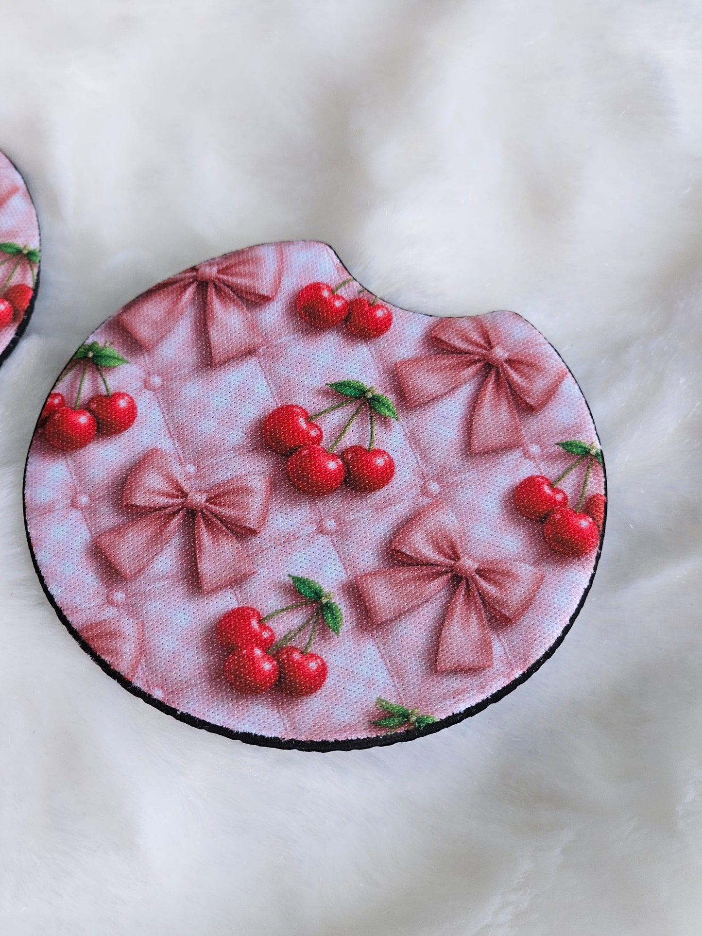Cherry Pink Ribbon 2 Pack Neoprene Car Coaster Set