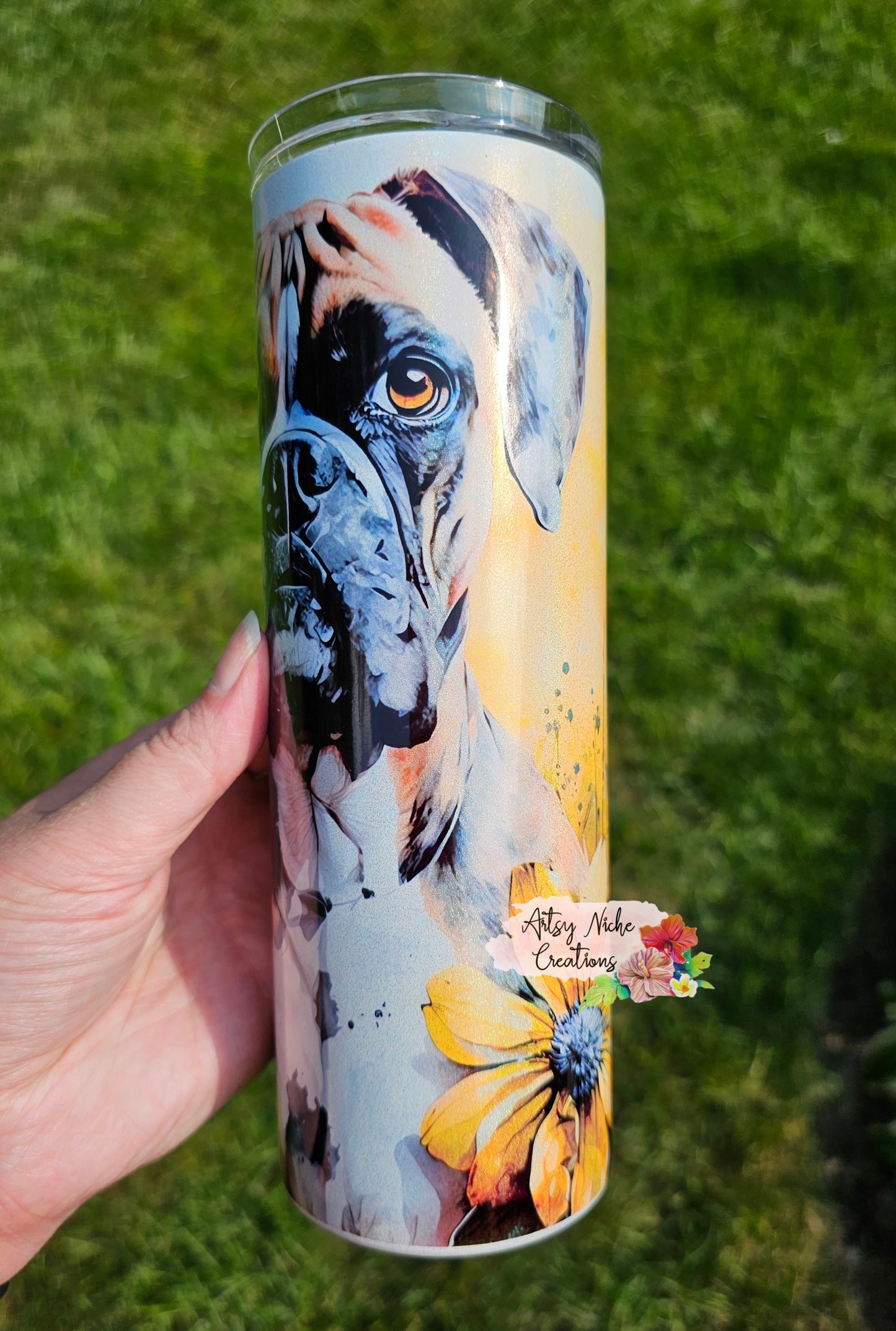 20 oz Holographic Boxer Dog Flowers Sublimation Tumbler - Imperfect