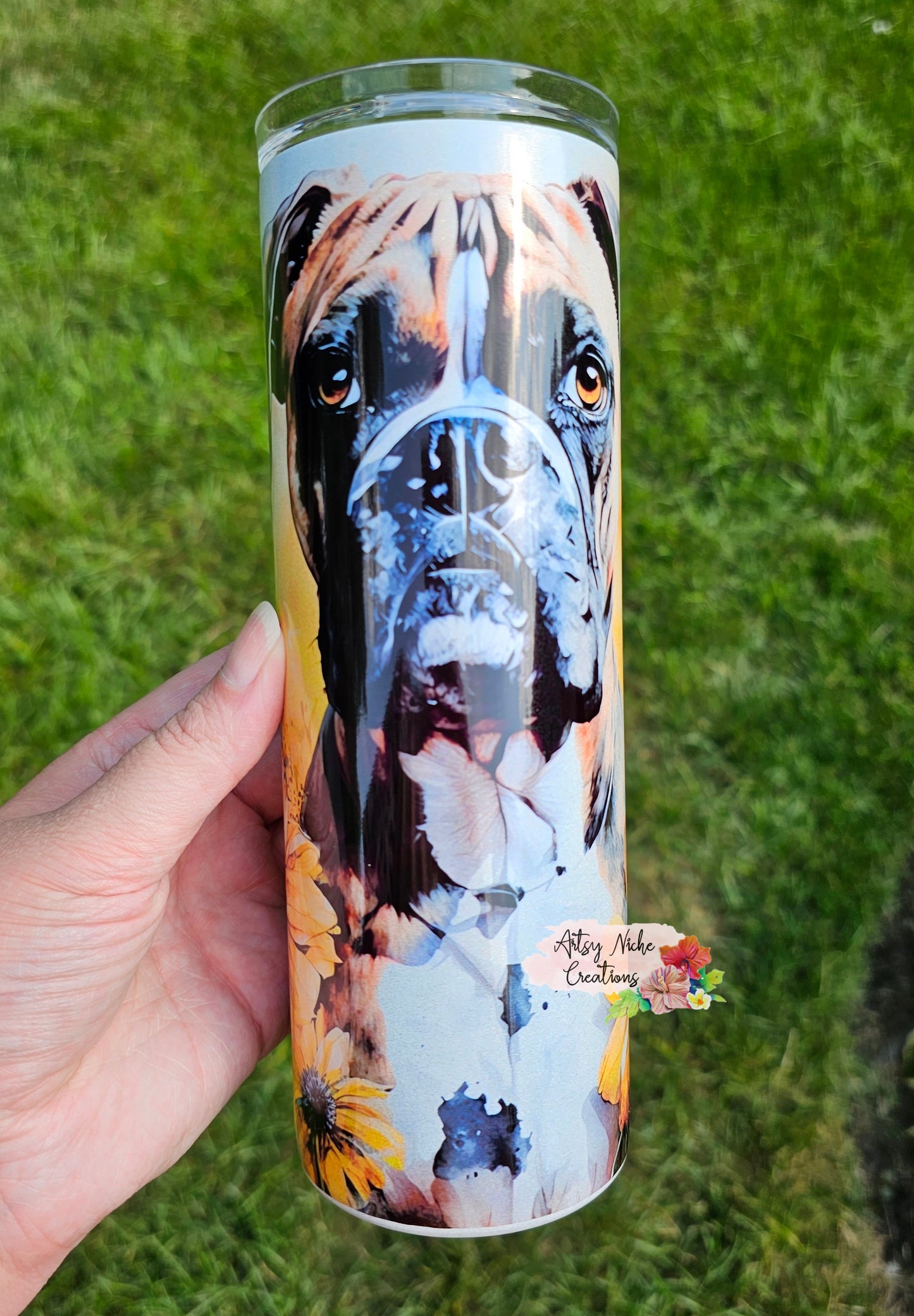 20 oz Holographic Boxer Dog Flowers Sublimation Tumbler - Imperfect