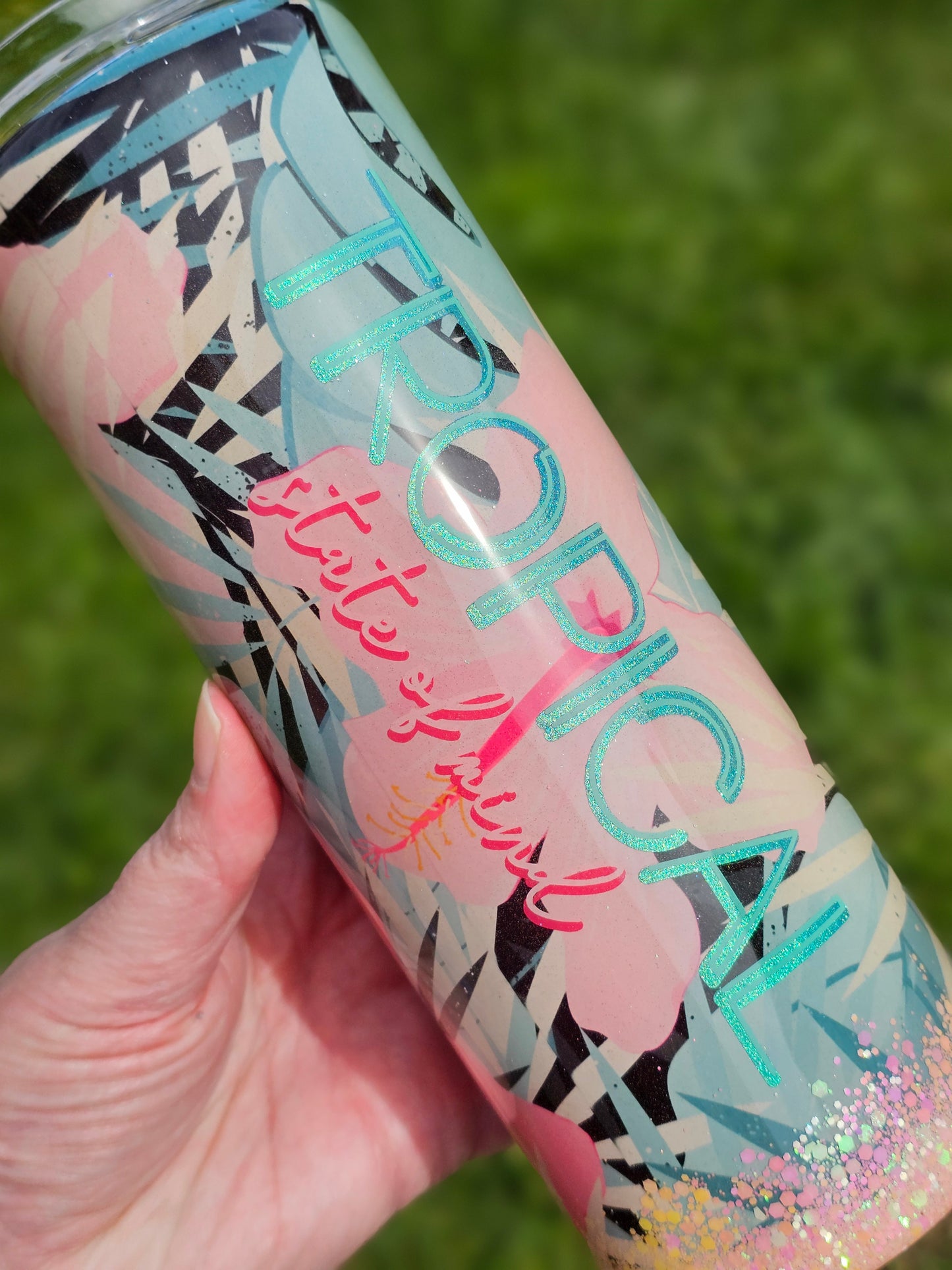 20 oz Hibiscus Tropical State Of Mind Pink Glitter Epoxy Tumbler