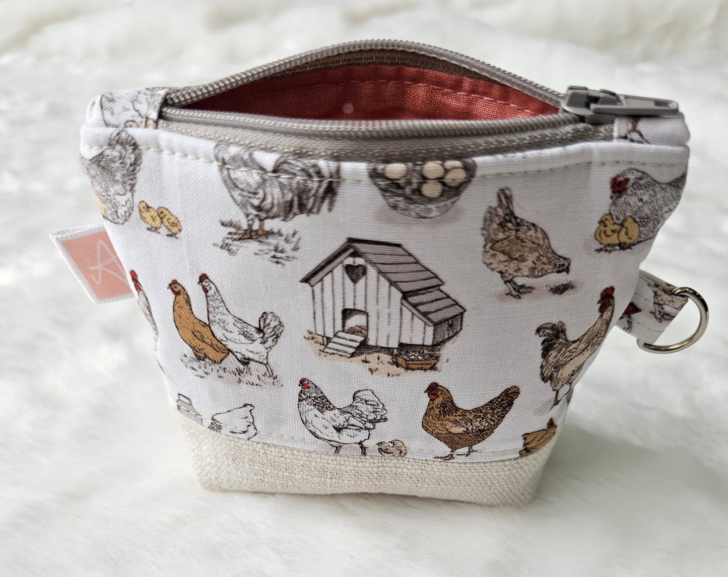 Chicken Poultry Coup Handmade Mini D-Ring Zipper Pouch
