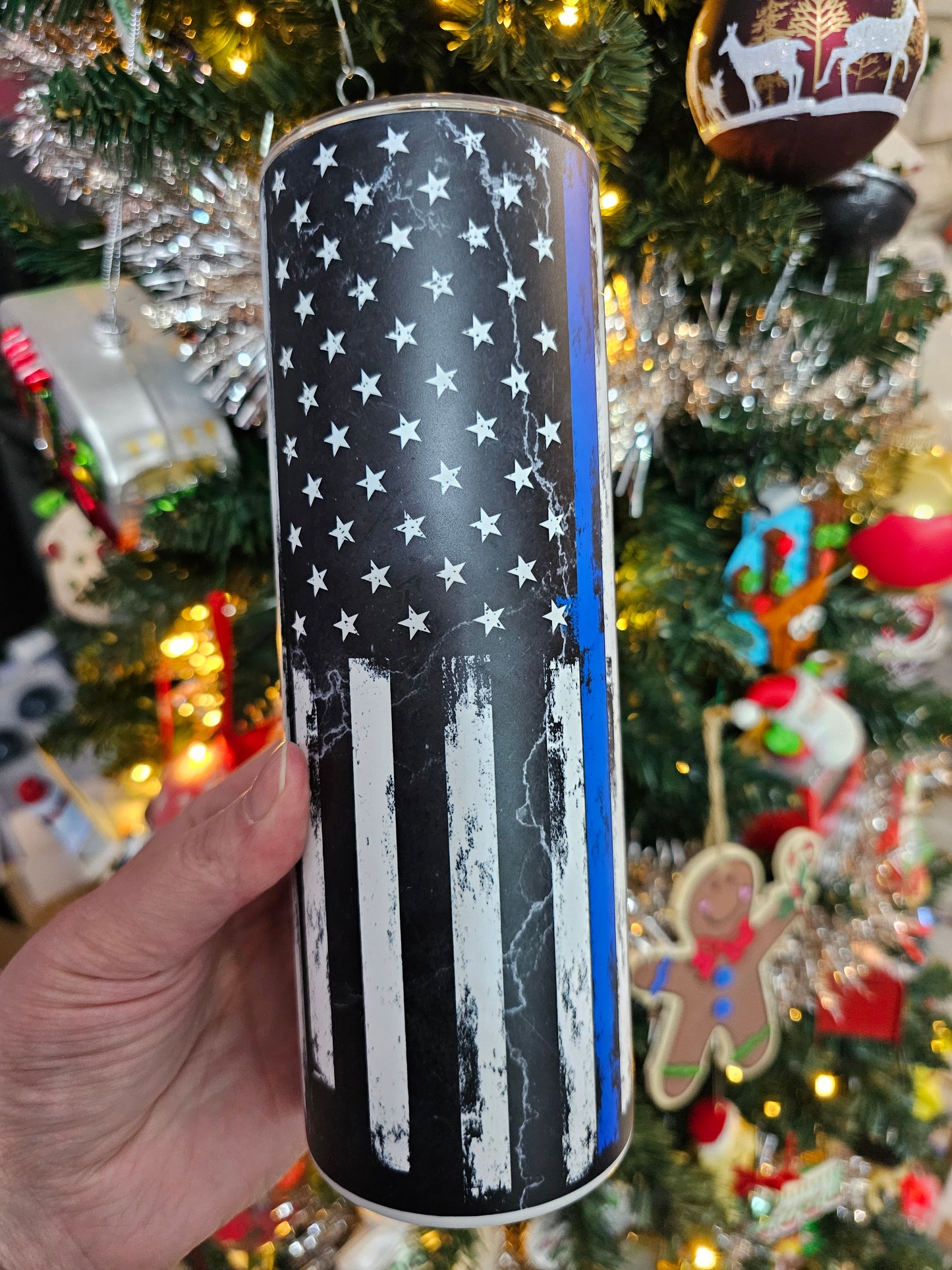 20 oz Police Thin Blue Line American Flag Glow-in-the-Dark Blue Sublimation Tumbler