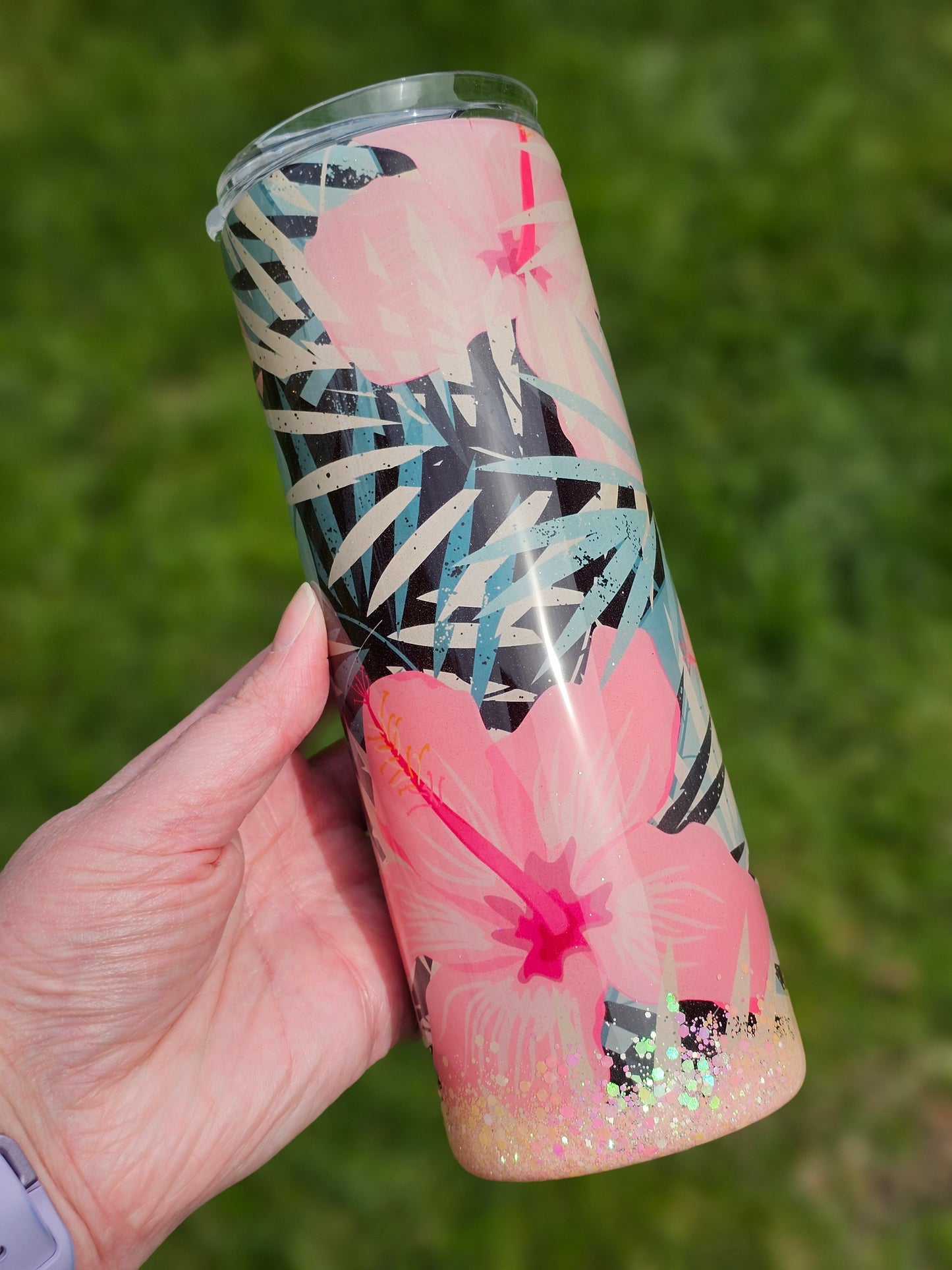20 oz Hibiscus Tropical State Of Mind Pink Glitter Epoxy Tumbler