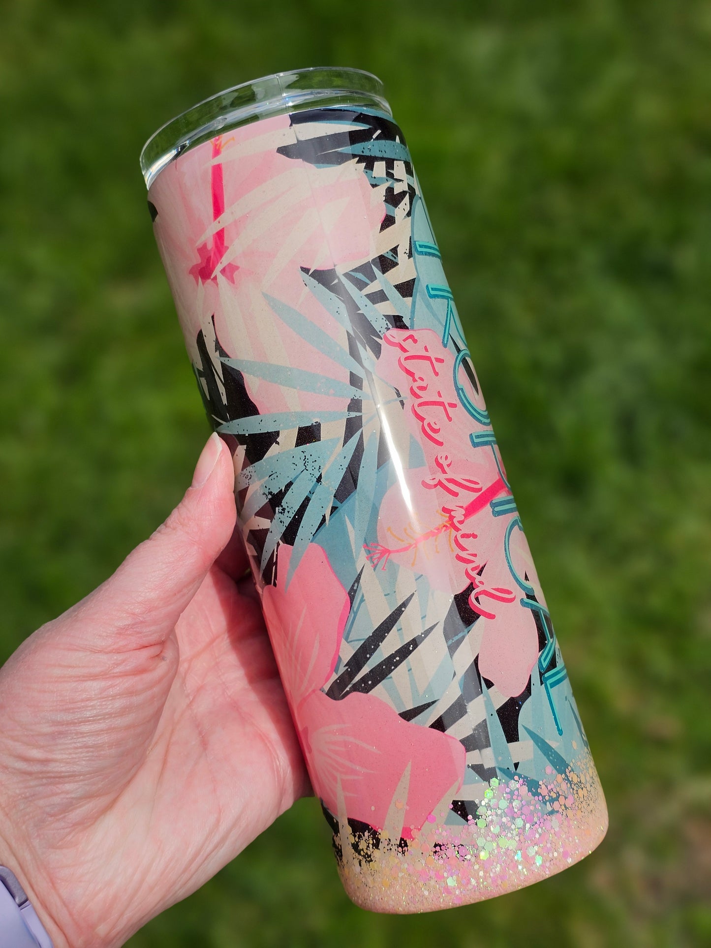 20 oz Hibiscus Tropical State Of Mind Pink Glitter Epoxy Tumbler