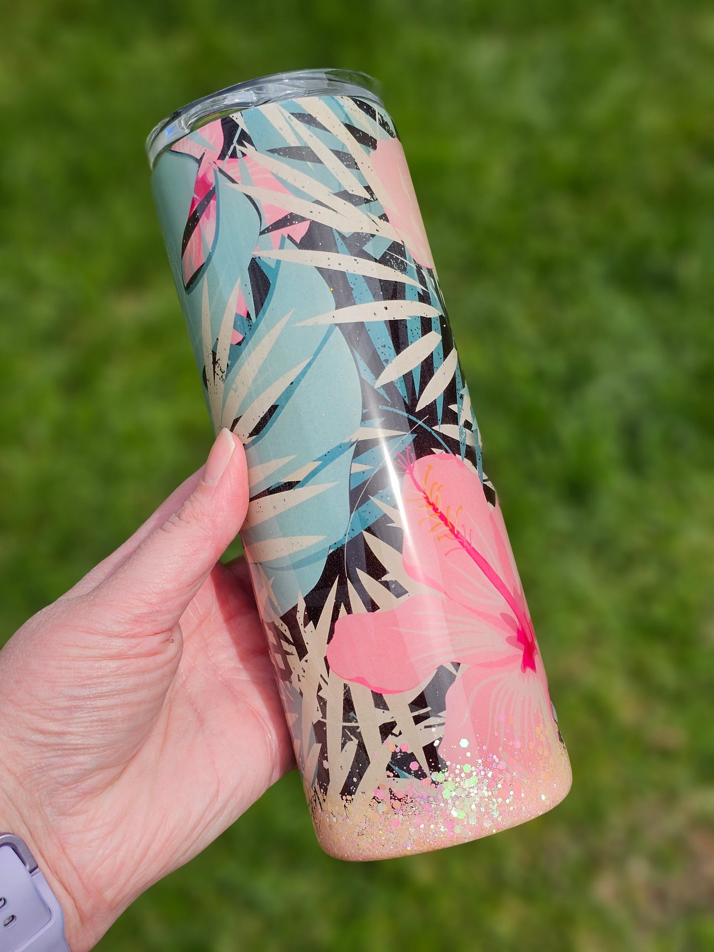 20 oz Hibiscus Tropical State Of Mind Pink Glitter Epoxy Tumbler