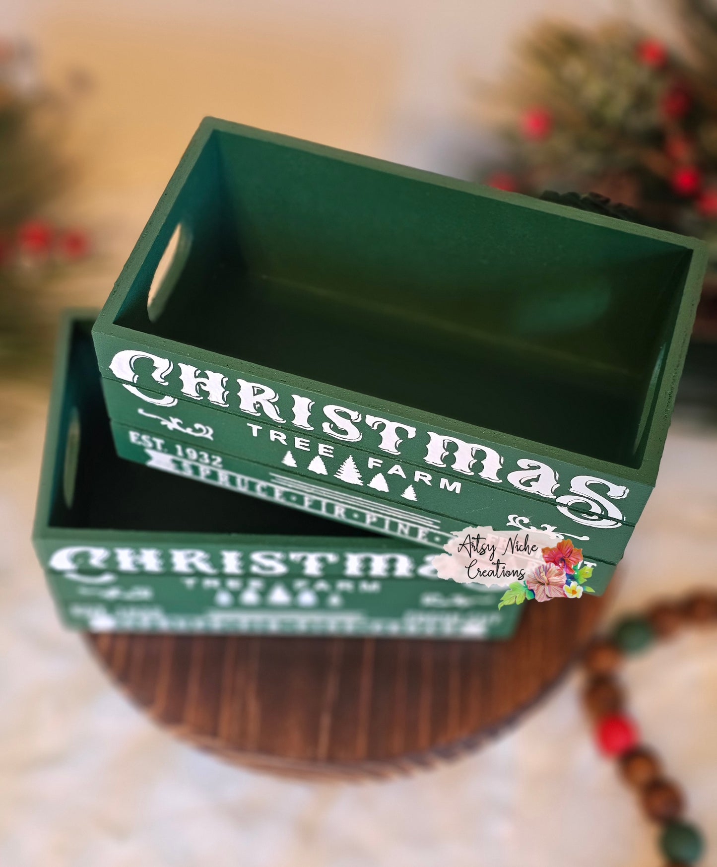 Christmas Tree Farm Green Design Holiday Wood Mini Crate