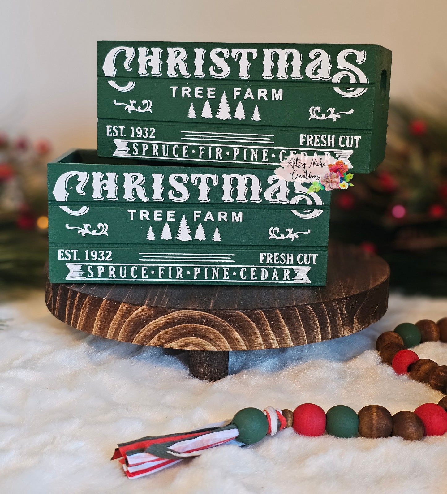 Christmas Tree Farm Green Design Holiday Wood Mini Crate