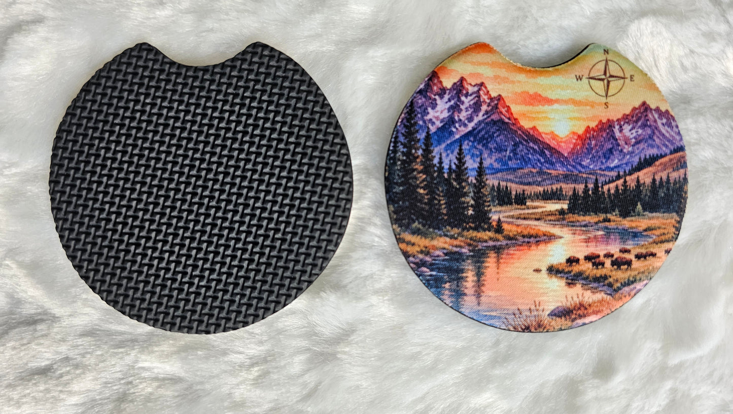 Mountain River & Bison 2 Pack Neoprene Car Coaster Set