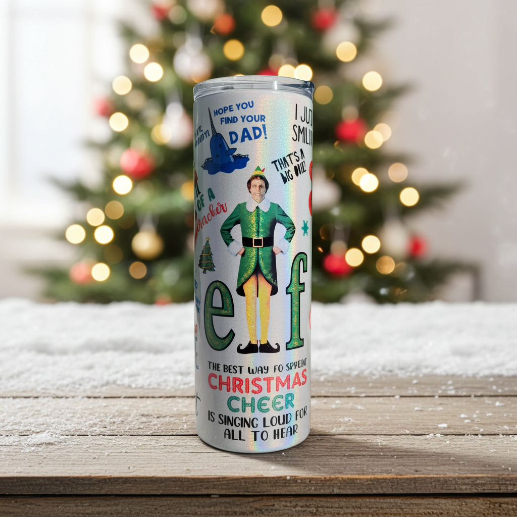 20 oz Holographic Skinny Elf Christmas Cheer Sublimation Tumbler
