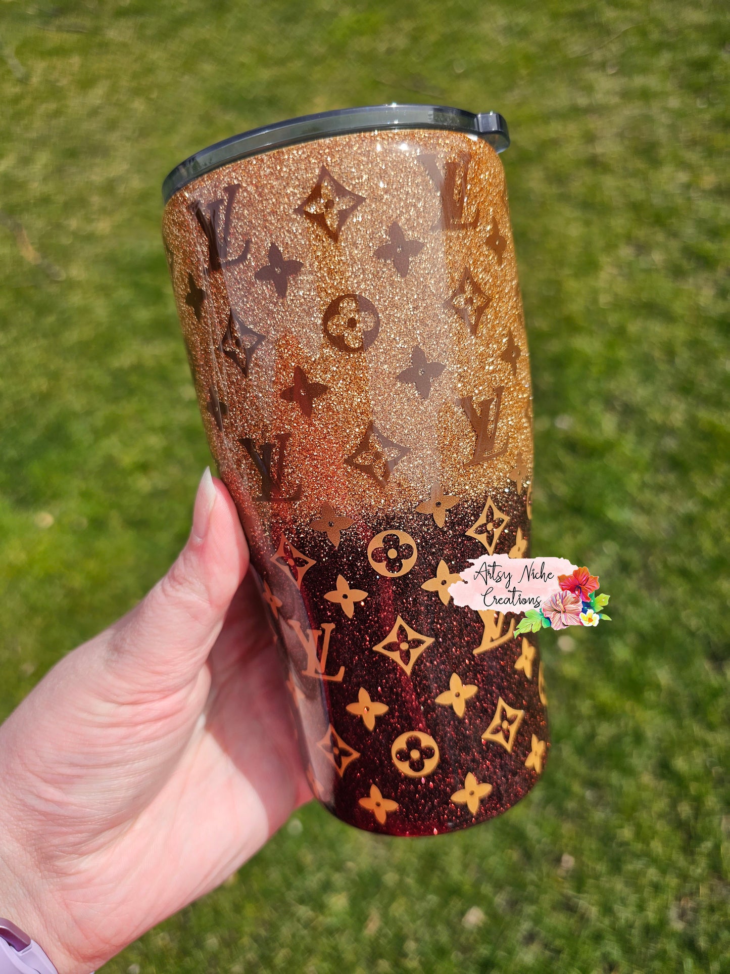 Designer inspired 30 ounce tumbler, LV, Louis, black and shimmer with  holographic desi…