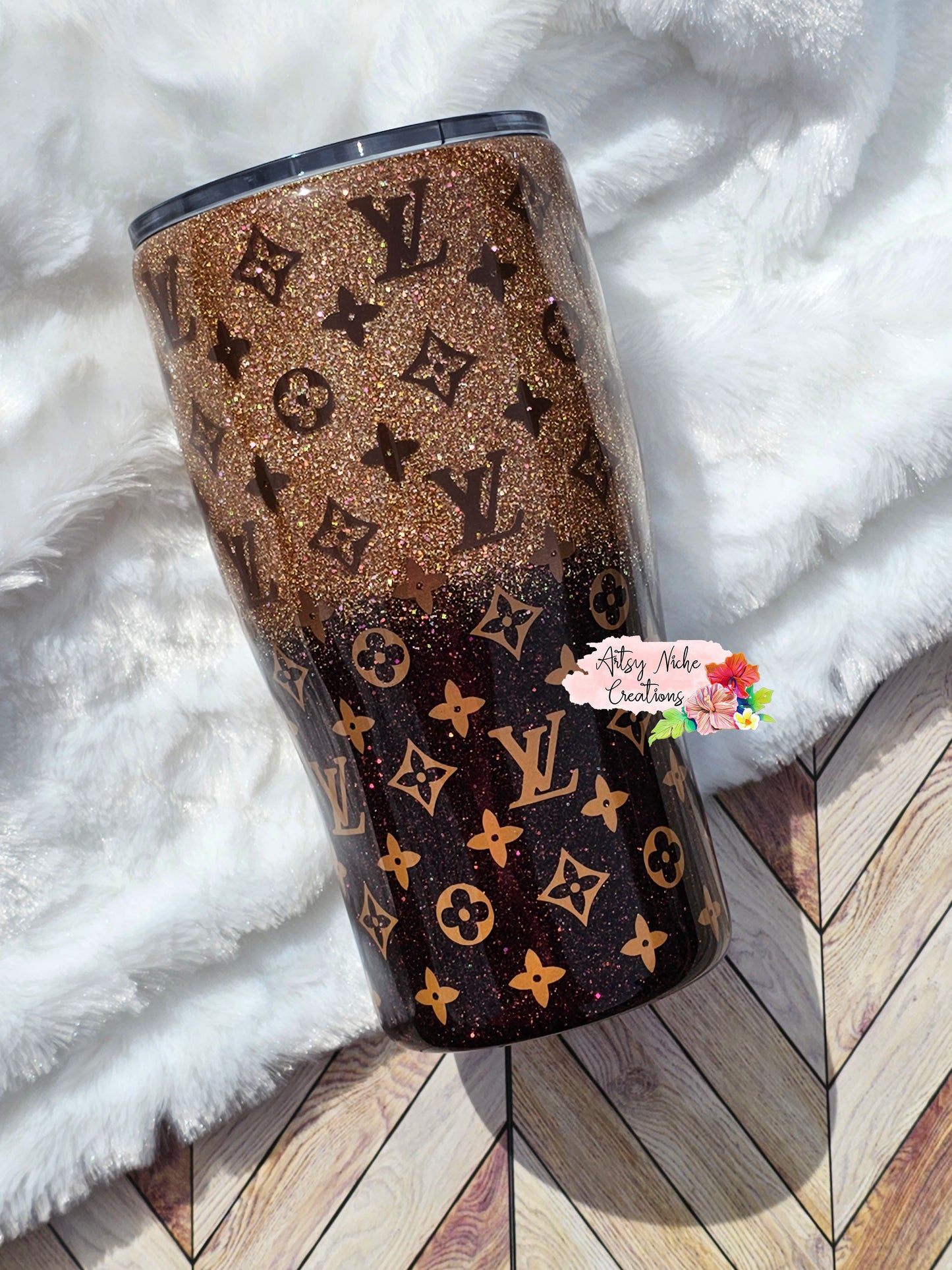 Designer inspired 30 ounce tumbler, LV, Louis, black and shimmer with  holographic desi…