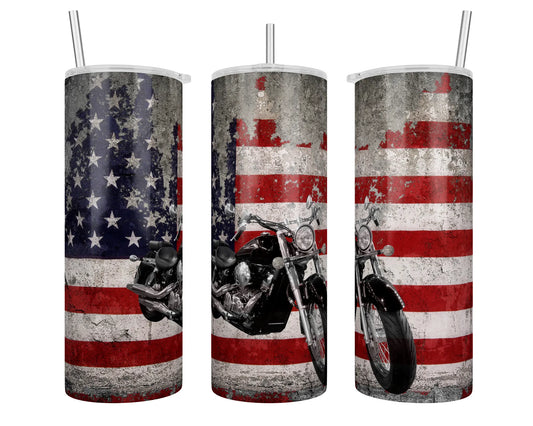 20 oz Distressed American Flag Motorcycle Sublimation Tumbler