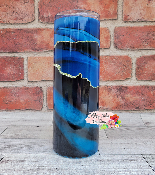 20 oz Blue and Gold Alcohol Ink Sublimation Tumbler - Imperfect