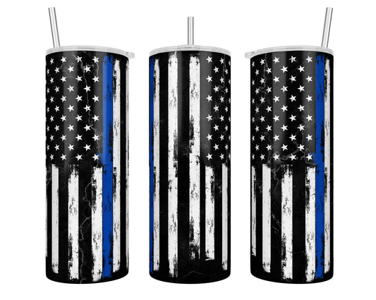 20 oz Police Thin Blue Line American Flag Glow-in-the-Dark Blue Sublimation Tumbler