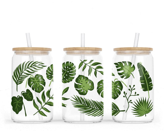 16 oz Sublimation Clear Glass Can Tropical Leaves