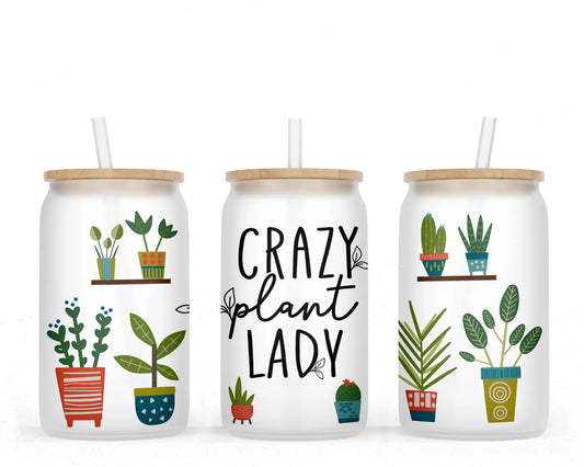 16 oz Sublimation Frosted Glass Can Crazy Plant Lady