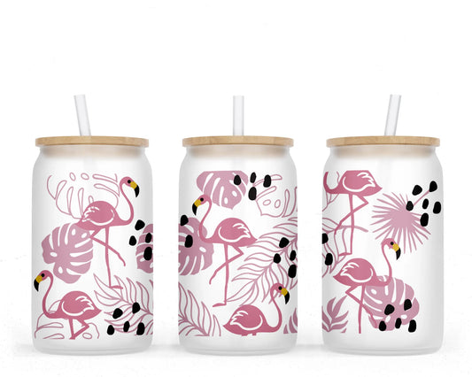 16 oz Sublimation Frosted Glass Can Pink Flamingos