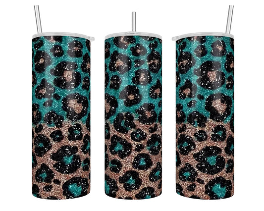 20 oz Skinny Gold and Turquoise Leopard Print Sublimation Tumbler