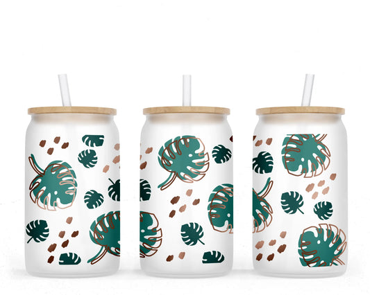 16 oz Sublimation Frosted Glass Can Monstera Leaves