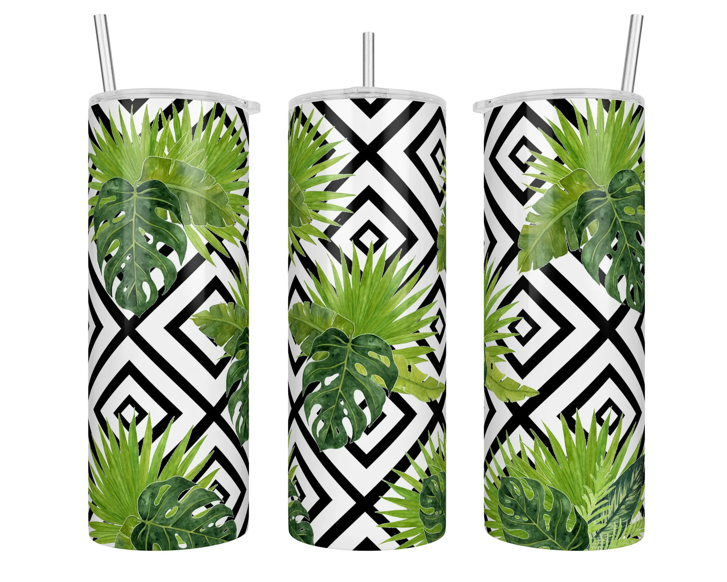 20 oz Skinny Tropical Monstera Leaves Square Pattern Sublimation Tumbler