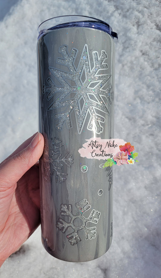 20 oz Silver Dirty Pour Peekaboo Snowflake Epoxy Tumbler