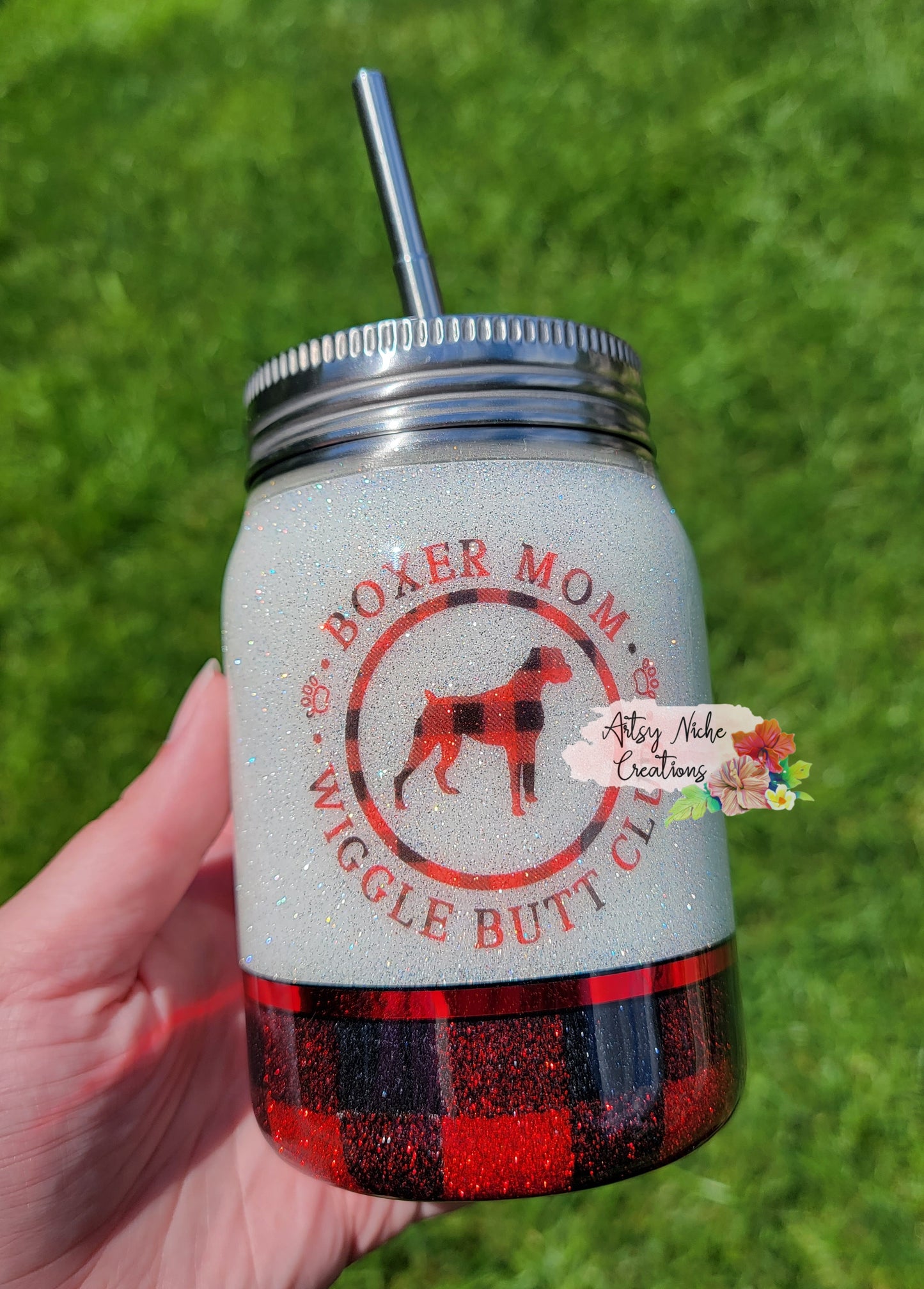 12 oz Love & Boxer Mom Wiggle Butt Club Epoxy Mason Jar Tumbler