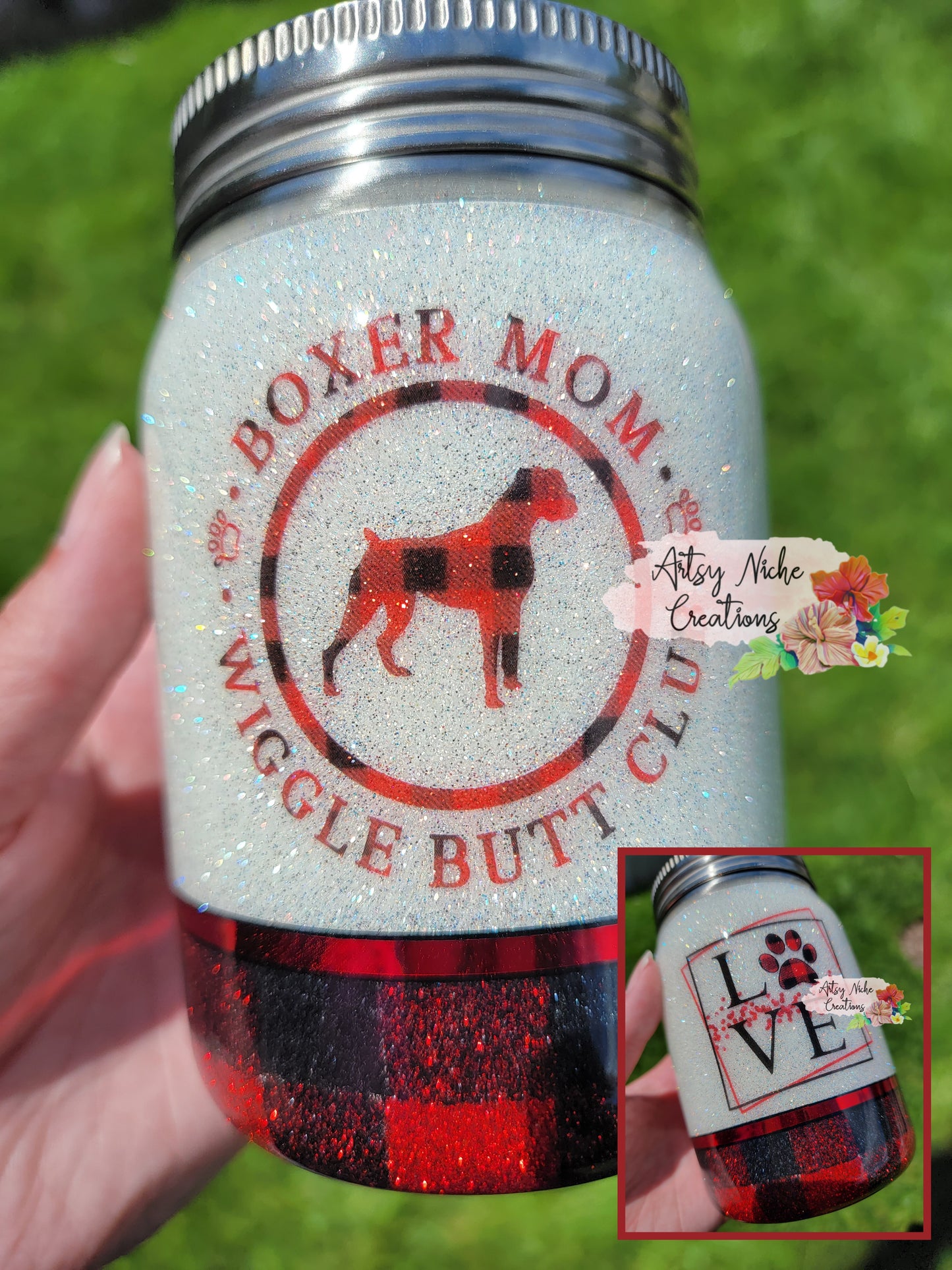 12 oz Love & Boxer Mom Wiggle Butt Club Epoxy Mason Jar Tumbler