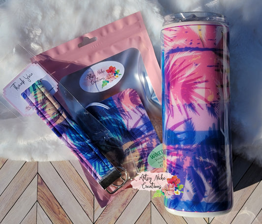 20 oz Skinny Glow-in-the-Dark Blue Palm Tree Epoxy Tumbler Set