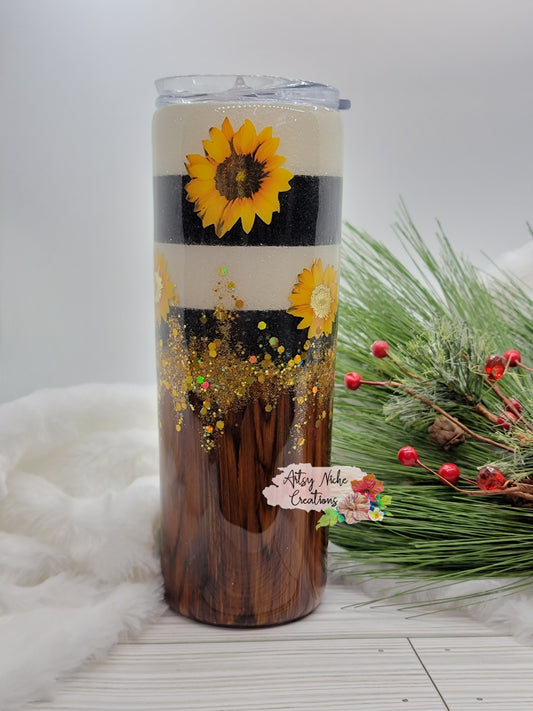 20 oz Tapered Split Woodgrain Sunflower Epoxy Tumbler