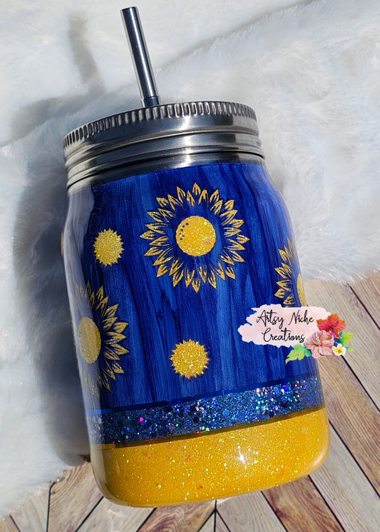 12 oz Sunflower Peekaboo Blue Wood Grain Mason Jar Epoxy Tumbler