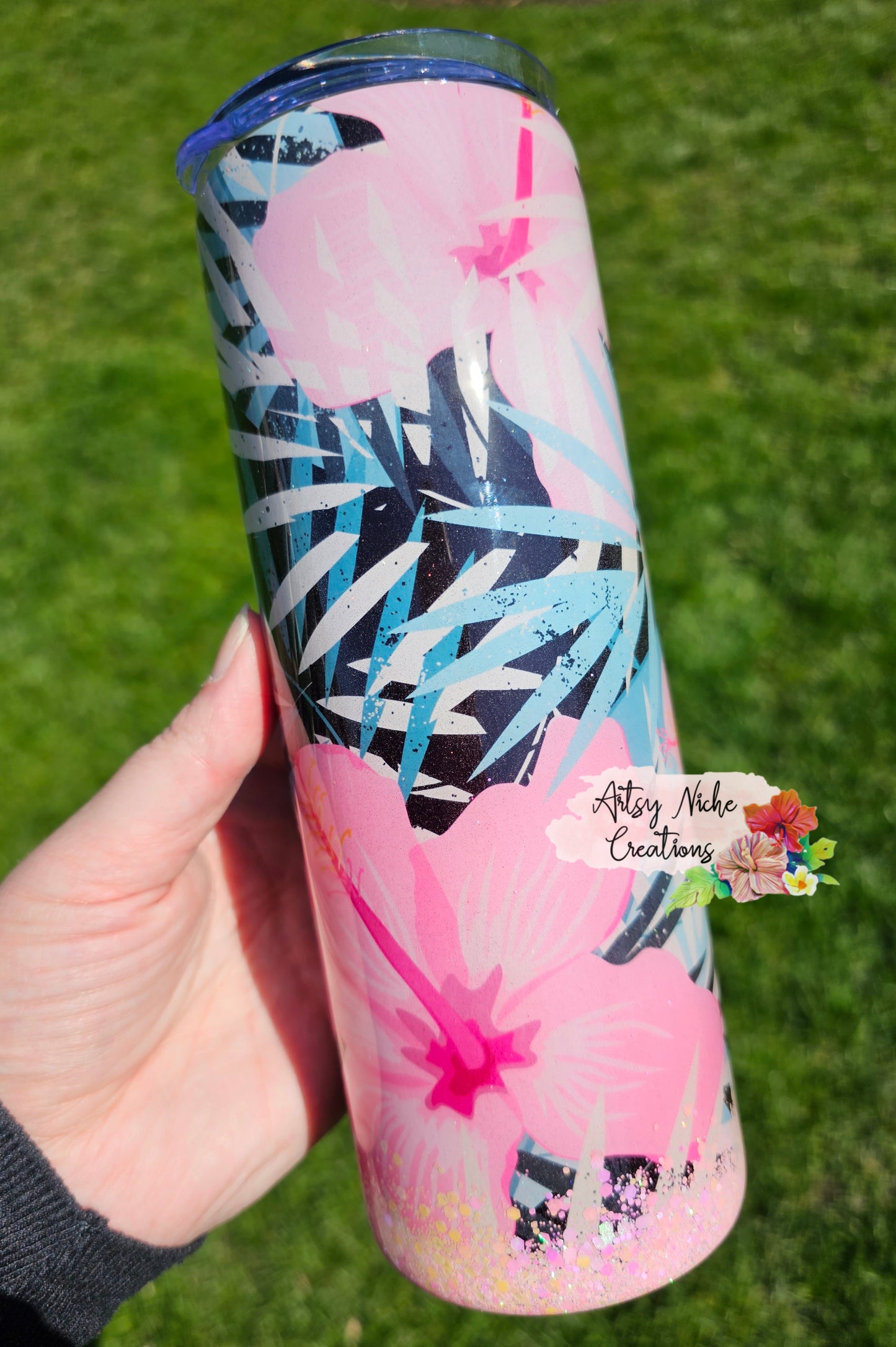 20 oz Hibiscus Tropical State Of Mind Pink Glitter Epoxy Tumbler