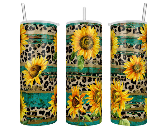 20 oz Pearlescent Rustic Wood Sunflower Leopard Print Sublimation Tumbler