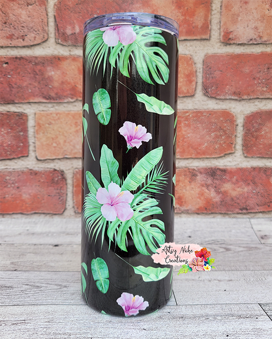 20 oz Skinny Black Tropical Hibiscus Flower Sublimation Tumbler - Imperfect