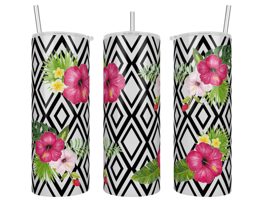 20 oz Skinny Tropical Flowers with Diamond Pattern Sublimation Tumbler