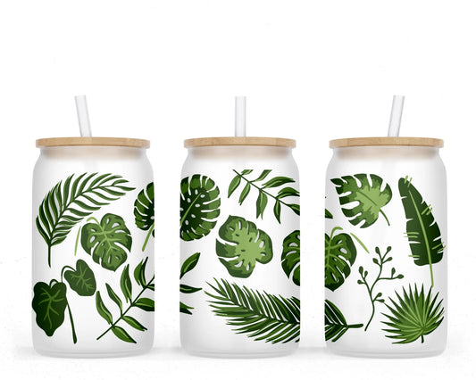 16 oz Sublimation Frosted Glass Can Tropical Leaves